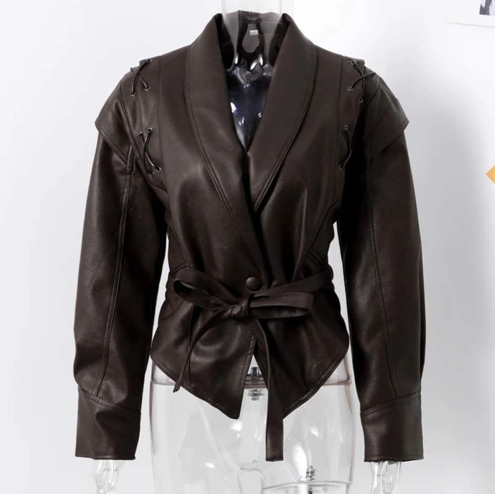 Faux Leather Brown Women Jackets 2024 Belt Lace Up Lapel Female Coat Vintage - Picture 6 of 8